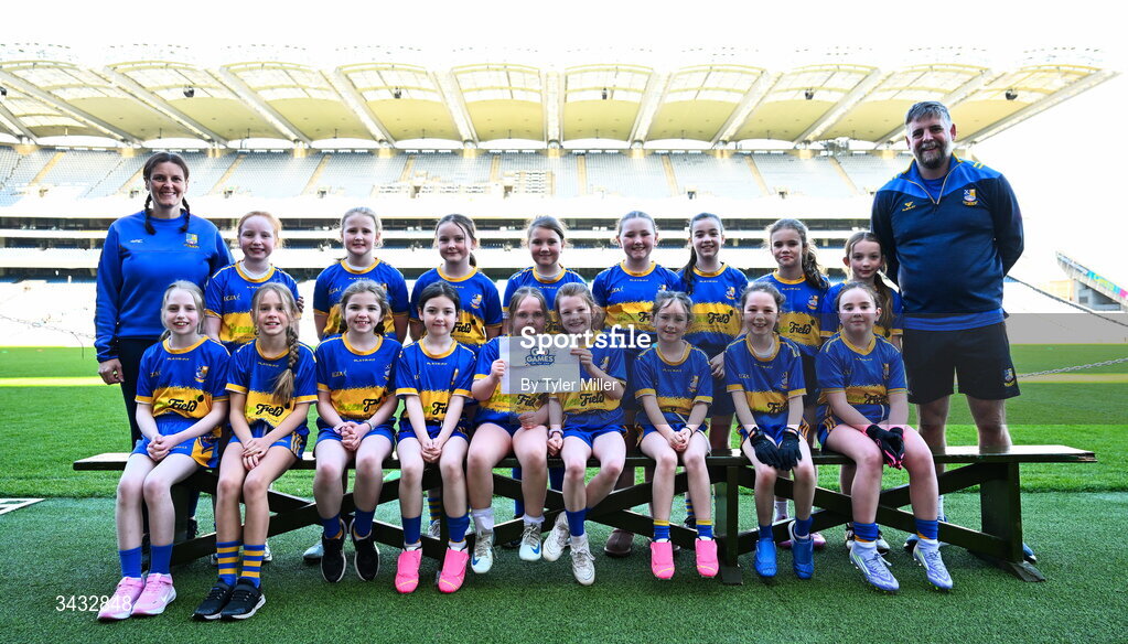 19 April 2026; The Eir Óg, Monaghan, team during the 2026 LGFA Under 10 Go Games Festival Day at Croke Park in Dublin. Photo by Tyler Miller/Sportsfile