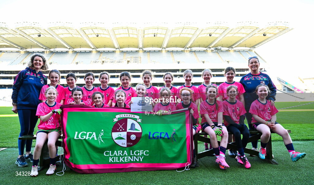 19 April 2026; The Clara, Kilkenny, team during the 2026 LGFA Under 10 Go Games Festival Day at Croke Park in Dublin. Photo by Tyler Miller/Sportsfile