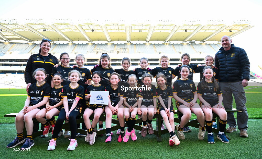 19 April 2026; The Naomh Eoin, Carlow, team during the 2026 LGFA Under 10 Go Games Festival Day at Croke Park in Dublin. Photo by Tyler Miller/Sportsfile