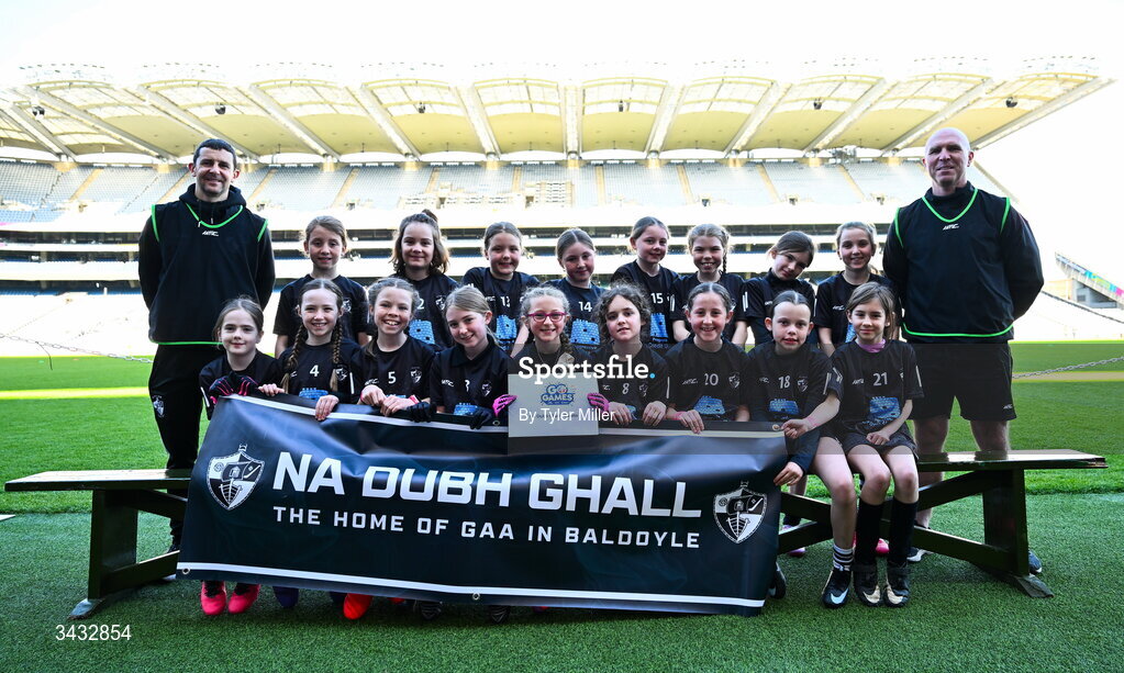 19 April 2026; The Na Dubh Ghall, Dubin, team during the 2026 LGFA Under 10 Go Games Festival Day at Croke Park in Dublin. Photo by Tyler Miller/Sportsfile
