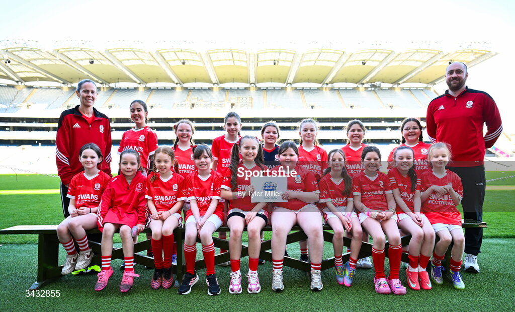 19 April 2026; The Eire Óg, Carlow, team during the 2026 LGFA Under 10 Go Games Festival Day at Croke Park in Dublin. Photo by Tyler Miller/Sportsfile