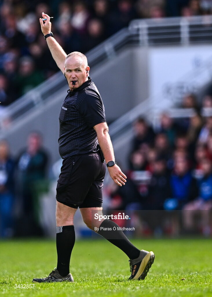19 April 2026; Referee Conor Lane during the Leinster GAA Football Senior Championship quarter-final match between Kildare and Laois at Cedral St Conleths Park in Newbridge, Kildare. Photo by Piaras Ó Mídheach/Sportsfile
