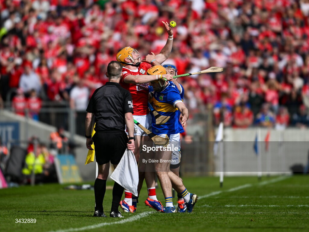 19 April 2026; Shane Barrett of Cork in action against Conor Stakelum of Tipperary during the Munster GAA Senior Hurling Championship Round 1 match between Tipperary and Cork at FBD Semple Stadium in Thurles, Tipperary. Photo by Daire Brennan/Sportsfile
