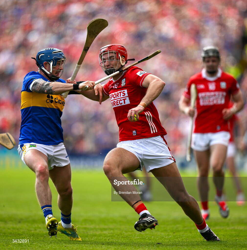 19 April 2026; Brian Hayes of Cork is tackled by Willie Connors of Tipperary during the Munster GAA Senior Hurling Championship Round 1 match between Tipperary and Cork at FBD Semple Stadium in Thurles, Tipperary. Photo by Brendan Moran/Sportsfile