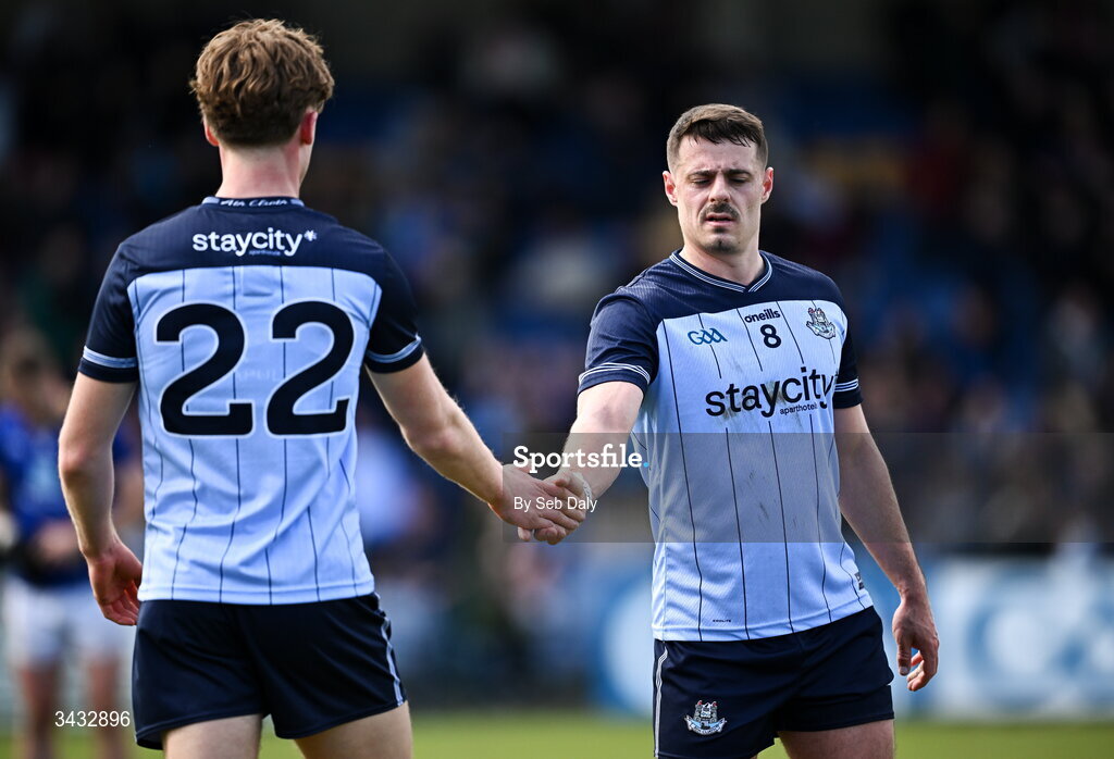 19 April 2026; Dublin players Brian Howard, right, and Ethan Dunne after the Leinster GAA Football Senior Championship quarter-final match between Wicklow and Dublin at Echelon Park in Aughrim in Wicklow. Photo by Seb Daly/Sportsfile
