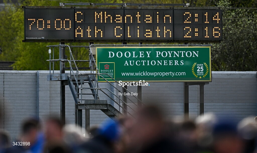 19 April 2026; A view of the scoreboard after the Leinster GAA Football Senior Championship quarter-final match between Wicklow and Dublin at Echelon Park in Aughrim in Wicklow. Photo by Seb Daly/Sportsfile