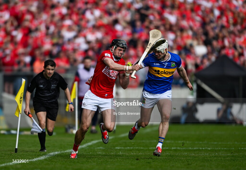 19 April 2026; Darragh Fitzgibbon of Cork in action against Bryan O'Mara of Tipperary during the Munster GAA Senior Hurling Championship Round 1 match between Tipperary and Cork at FBD Semple Stadium in Thurles, Tipperary. Photo by Daire Brennan/Sportsfile
