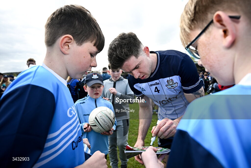 19 April 2026; David Byrne of Dublin signs his autograph for supporters after the Leinster GAA Football Senior Championship quarter-final match between Wicklow and Dublin at Echelon Park in Aughrim in Wicklow. Photo by Seb Daly/Sportsfile