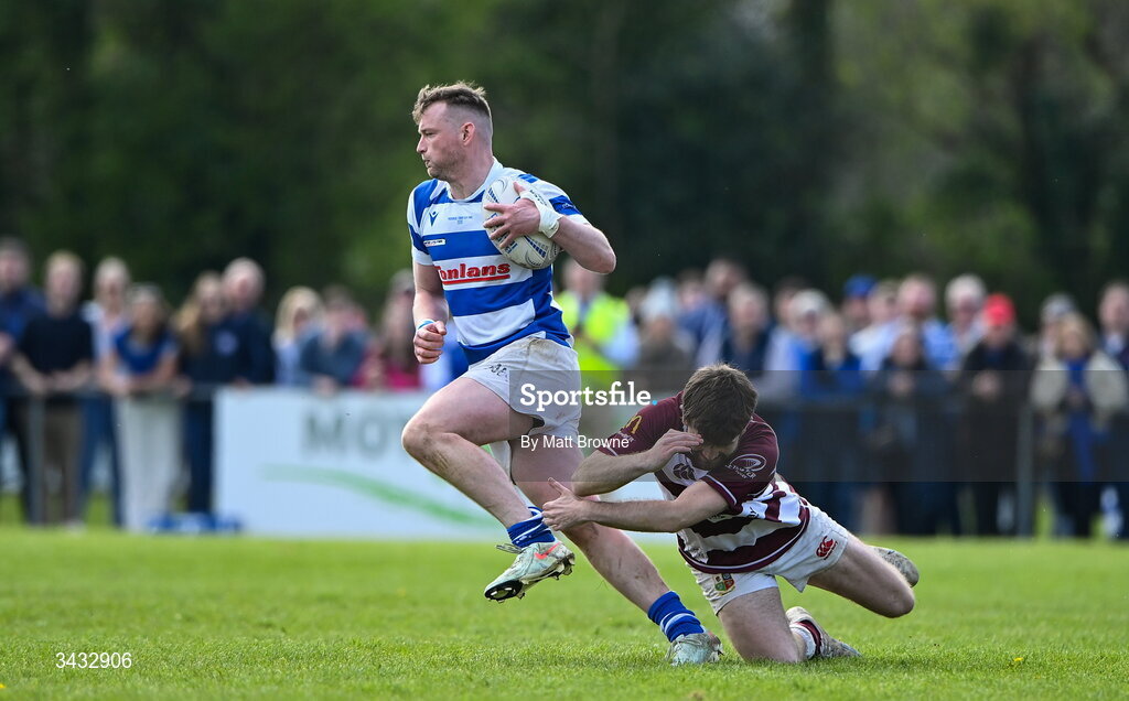 19 April 2026; Cathal Fennessy of Athy RFC is tackled by Cian Leonard of Tullow RFC during the Bank of Ireland Provincial Towns Cup Final match between Athy RFC and Tullow RFC at Edenderry RFC in Edenderry, Offaly. Photo by Matt Browne/Sportsfile