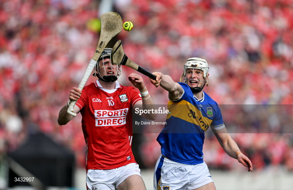 19 April 2026; Darragh Fitzgibbon of Cork in action against Bryan O'Mara of Tipperary during the Munster GAA Senior Hurling Championship Round 1 match between Tipperary and Cork at FBD Semple Stadium in Thurles, Tipperary. Photo by Daire Brennan/Sportsfile