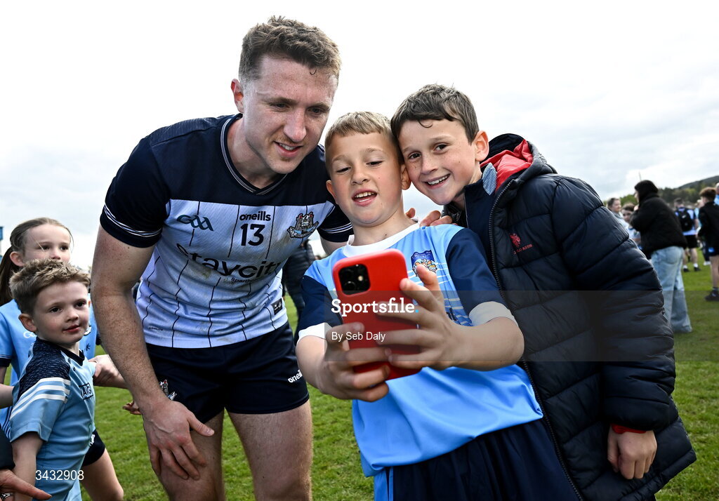 19 April 2026; Paddy Small of Dublin takes a selfie photograph with supporters after the Leinster GAA Football Senior Championship quarter-final match between Wicklow and Dublin at Echelon Park in Aughrim in Wicklow. Photo by Seb Daly/Sportsfile