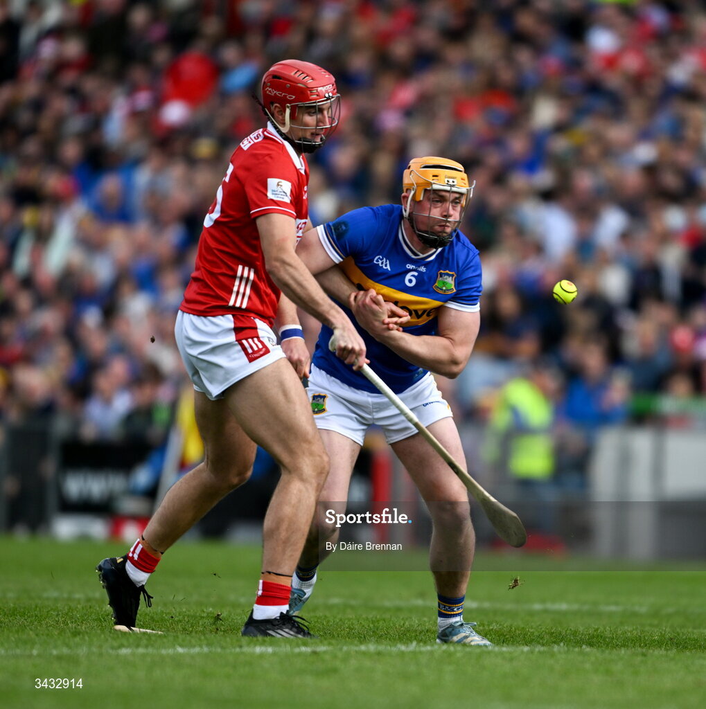 19 April 2026; Ronan Maher of Tipperary in action against Brian Hayes of Cork during the Munster GAA Senior Hurling Championship Round 1 match between Tipperary and Cork at FBD Semple Stadium in Thurles, Tipperary. Photo by Daire Brennan/Sportsfile