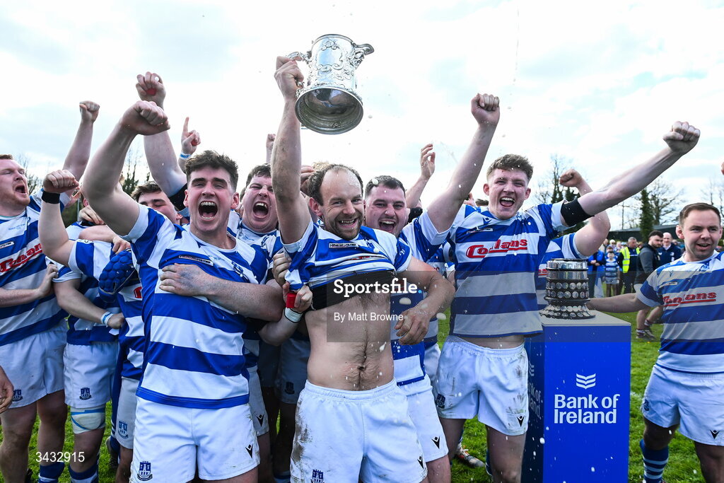 19 April 2026; Craig Miller captain of Athy RFC lifts the cup after the Bank of Ireland Provincial Towns Cup Final match between Athy RFC and Tullow RFC at Edenderry RFC in Edenderry, Offaly. Photo by Matt Browne/Sportsfile