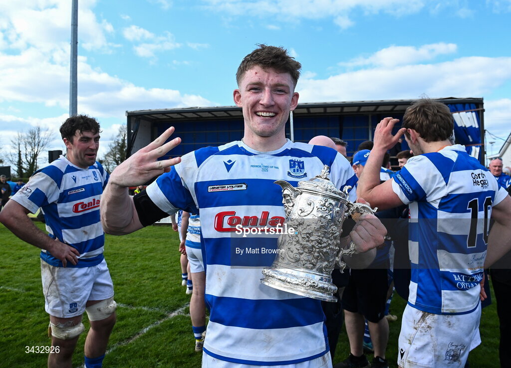 19 April 2026; Ciaran Fennessy of Athy RFC celebrates after scoring 3 tries against Tullow RFC during the Bank of Ireland Provincial Towns Cup Final match between Athy RFC and Tullow RFC at Edenderry RFC in Edenderry, Offaly. Photo by Matt Browne/Sportsfile