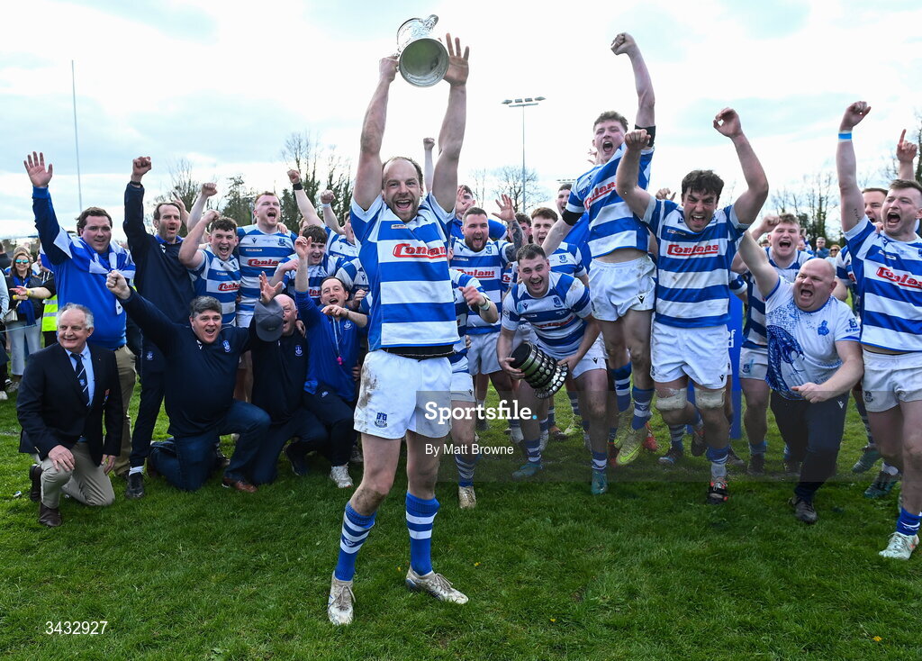 19 April 2026; Craig Miller captain of Athy RFC lifts the cup after the Bank of Ireland Provincial Towns Cup Final match between Athy RFC and Tullow RFC at Edenderry RFC in Edenderry, Offaly. Photo by Matt Browne/Sportsfile