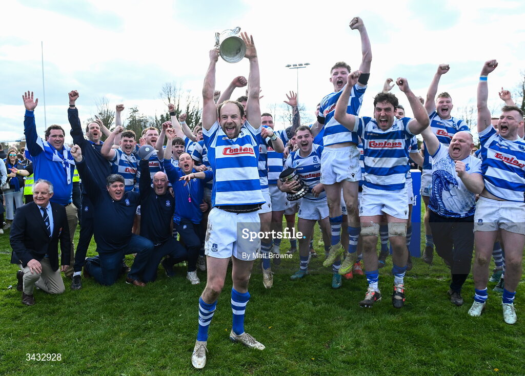19 April 2026; Craig Miller captain of Athy RFC lifts the cup after the Bank of Ireland Provincial Towns Cup Final match between Athy RFC and Tullow RFC at Edenderry RFC in Edenderry, Offaly. Photo by Matt Browne/Sportsfile