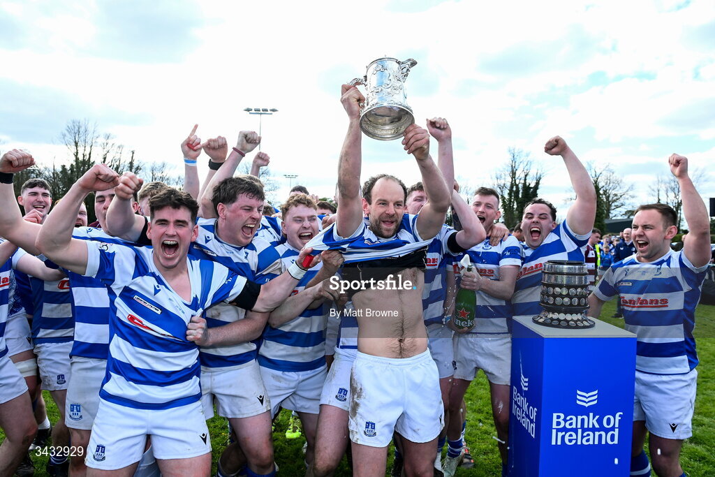 19 April 2026; Craig Miller captain of Athy RFC lifts the cup after the Bank of Ireland Provincial Towns Cup Final match between Athy RFC and Tullow RFC at Edenderry RFC in Edenderry, Offaly. Photo by Matt Browne/Sportsfile