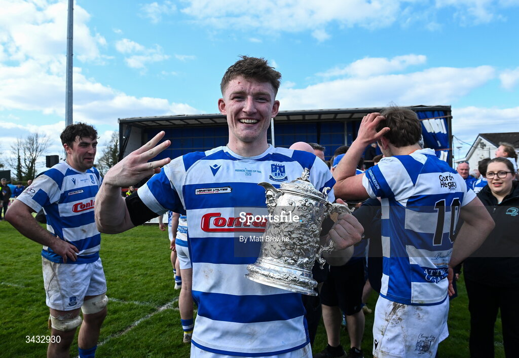 19 April 2026; Ciaran Fennessy of Athy RFC celebrates after scoring 3 tries against Tullow RFC during the Bank of Ireland Provincial Towns Cup Final match between Athy RFC and Tullow RFC at Edenderry RFC in Edenderry, Offaly. Photo by Matt Browne/Sportsfile