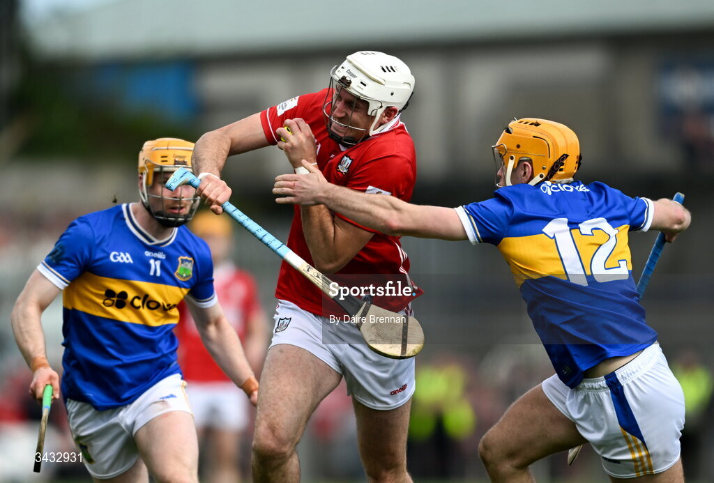 19 April 2026; Tim O'Mahony of Cork in action against Conor Stakelum of Tipperary during the Munster GAA Senior Hurling Championship Round 1 match between Tipperary and Cork at FBD Semple Stadium in Thurles, Tipperary. Photo by Daire Brennan/Sportsfile