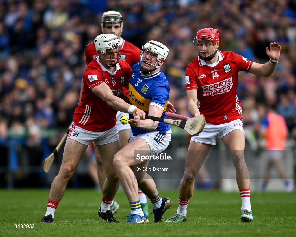 19 April 2026; Eoghan Connolly of Tipperary in action against Tommy O'Connell of Cork during the Munster GAA Senior Hurling Championship Round 1 match between Tipperary and Cork at FBD Semple Stadium in Thurles, Tipperary. Photo by Daire Brennan/Sportsfile
