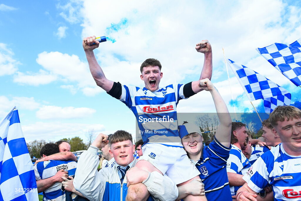 19 April 2026; Ciaran Fennessy of Athy RFC celebrates with supporters after the Bank of Ireland Provincial Towns Cup Final match between Athy RFC and Tullow RFC at Edenderry RFC in Edenderry, Offaly. Photo by Matt Browne/Sportsfile