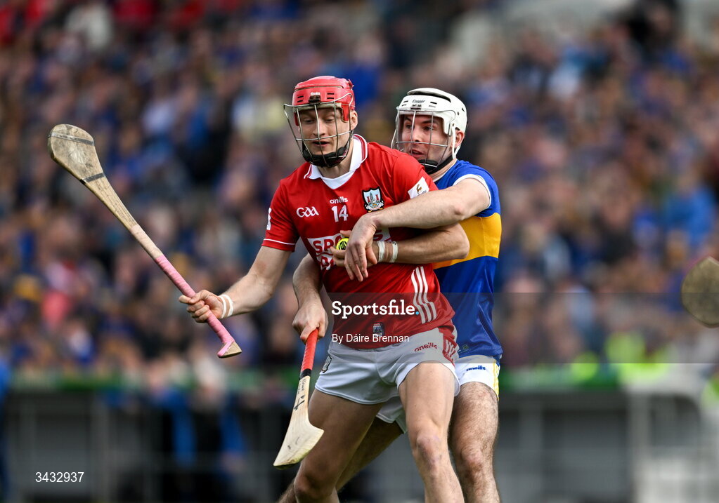 19 April 2026; Alan Connolly of Cork in action against Craig Morgan of Tipperary during the Munster GAA Senior Hurling Championship Round 1 match between Tipperary and Cork at FBD Semple Stadium in Thurles, Tipperary. Photo by Daire Brennan/Sportsfile