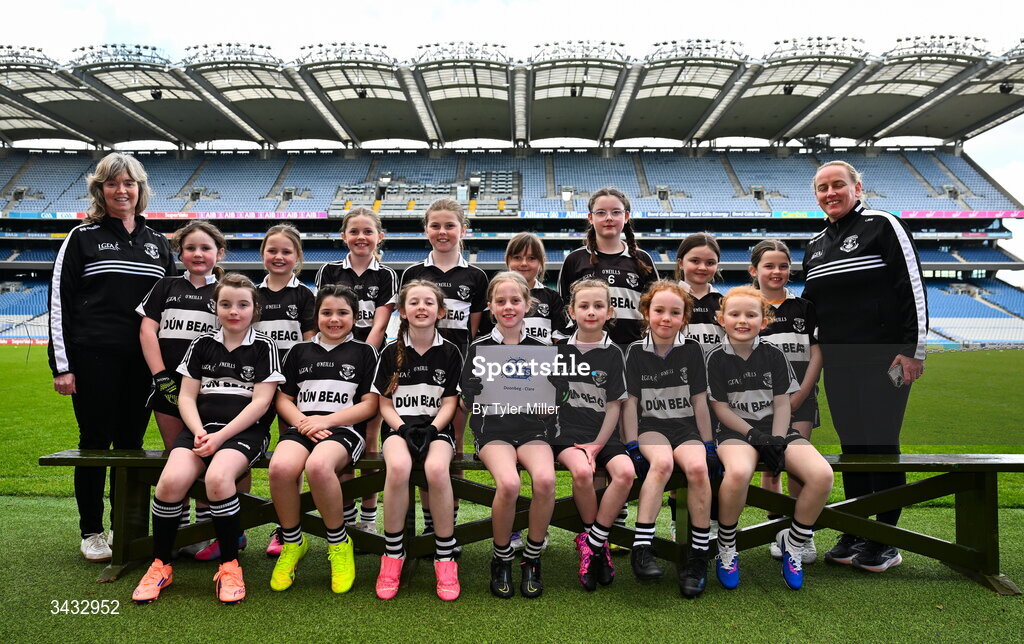 19 April 2026; The Doonbeg, Clare, team during the 2026 LGFA Under 10 Go Games Festival Day at Croke Park in Dublin. Photo by Tyler Miller/Sportsfile