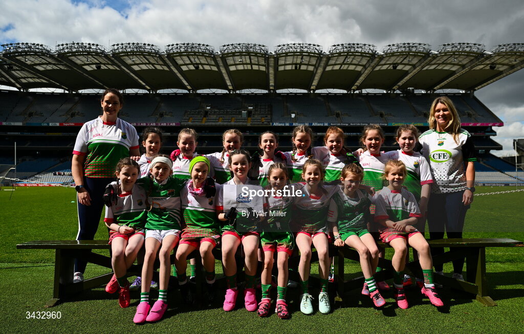 19 April 2026; The Ballydonoghue, Kerry, team during the 2026 LGFA Under 10 Go Games Festival Day at Croke Park in Dublin. Photo by Tyler Miller/Sportsfile