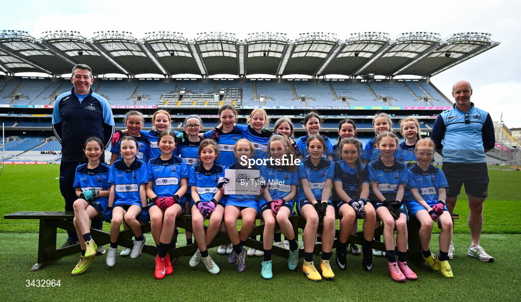 19 April 2026; The Moville, Donegal, team during the 2026 LGFA Under 10 Go Games Festival Day at Croke Park in Dublin. Photo by Tyler Miller/Sportsfile