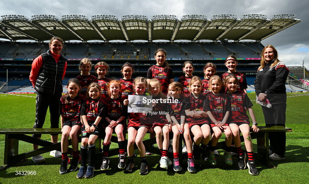 19 April 2026; The Davitt's, Mayo, team during the 2026 LGFA Under 10 Go Games Festival Day at Croke Park in Dublin. Photo by Tyler Miller/Sportsfile