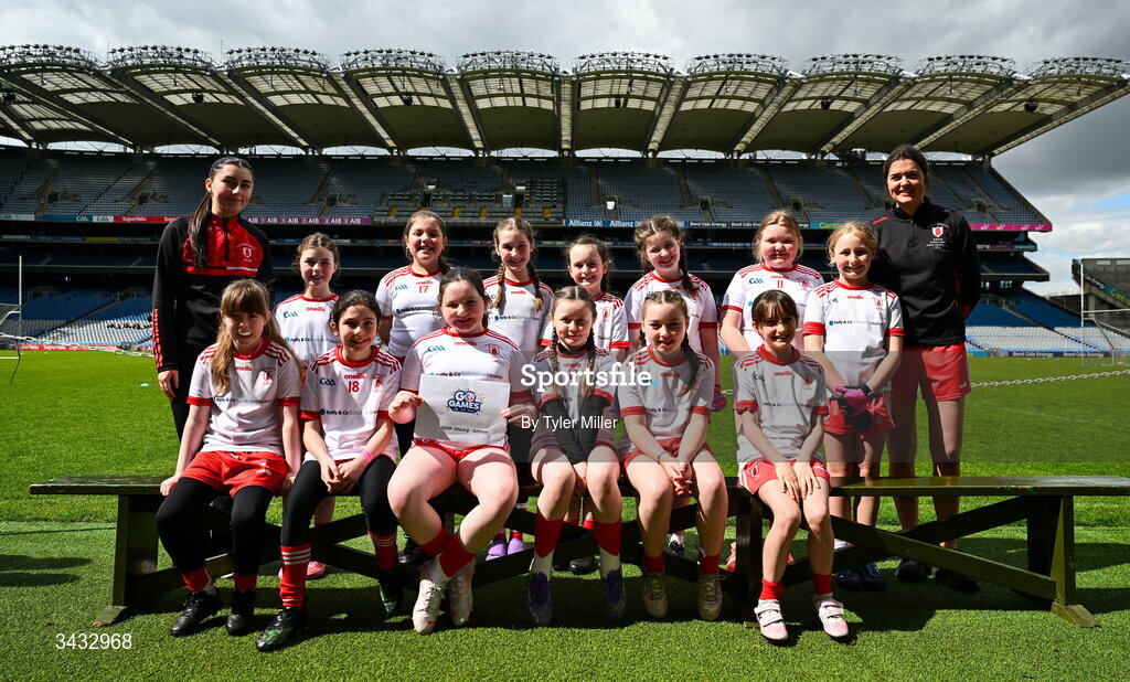 19 April 2026; The Lámh Dhearg, Antrim, team during the 2026 LGFA Under 10 Go Games Festival Day at Croke Park in Dublin. Photo by Tyler Miller/Sportsfile