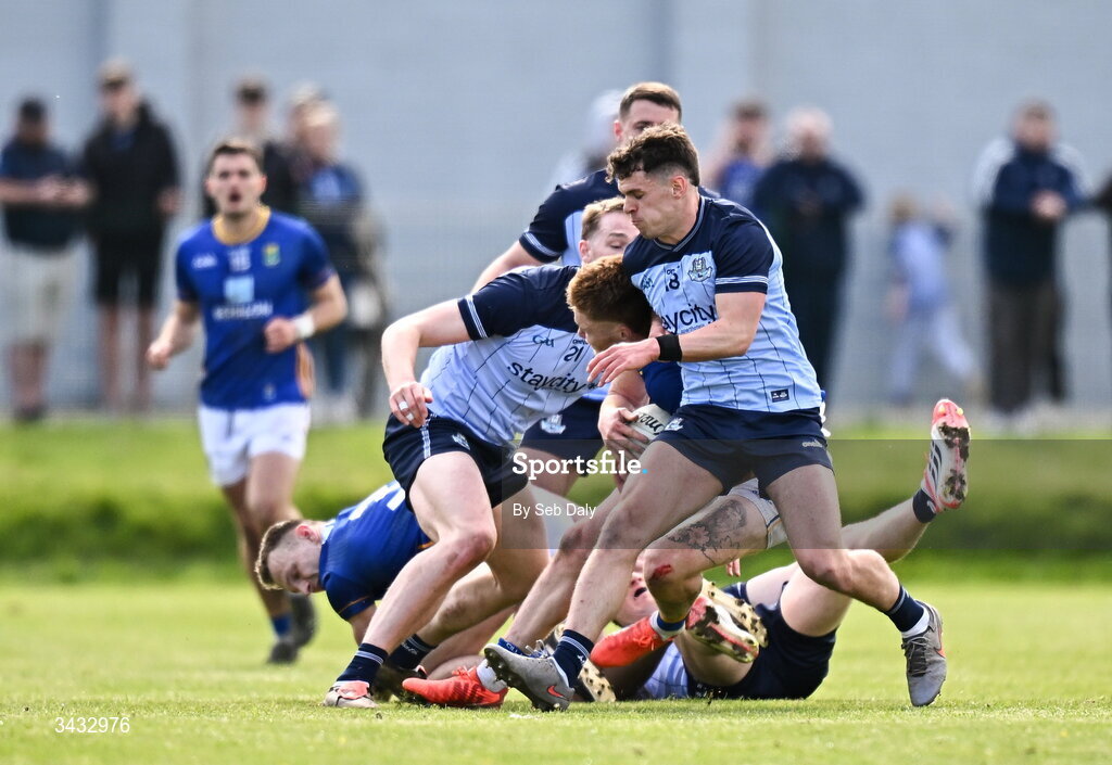 19 April 2026; Liam Smith of Dublin fouls Jonathan Carlin of Wicklow, resulting in a red card, during the Leinster GAA Football Senior Championship quarter-final match between Wicklow and Dublin at Echelon Park in Aughrim in Wicklow. Photo by Seb Daly/Sportsfile