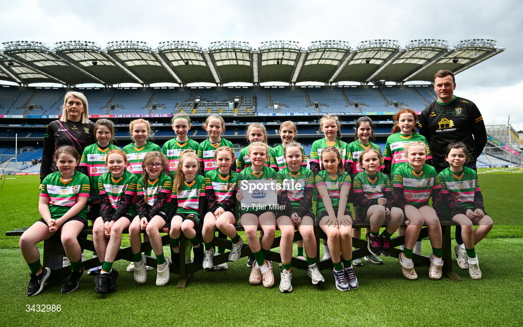 19 April 2026; The Foreglen, Derry, team during the 2026 LGFA Under 10 Go Games Festival Day at Croke Park in Dublin. Photo by Tyler Miller/Sportsfile
