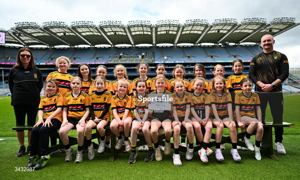 19 April 2026; The St Enda's, Antrim, team during the 2026 LGFA Under 10 Go Games Festival Day at Croke Park in Dublin. Photo by Tyler Miller/Sportsfile