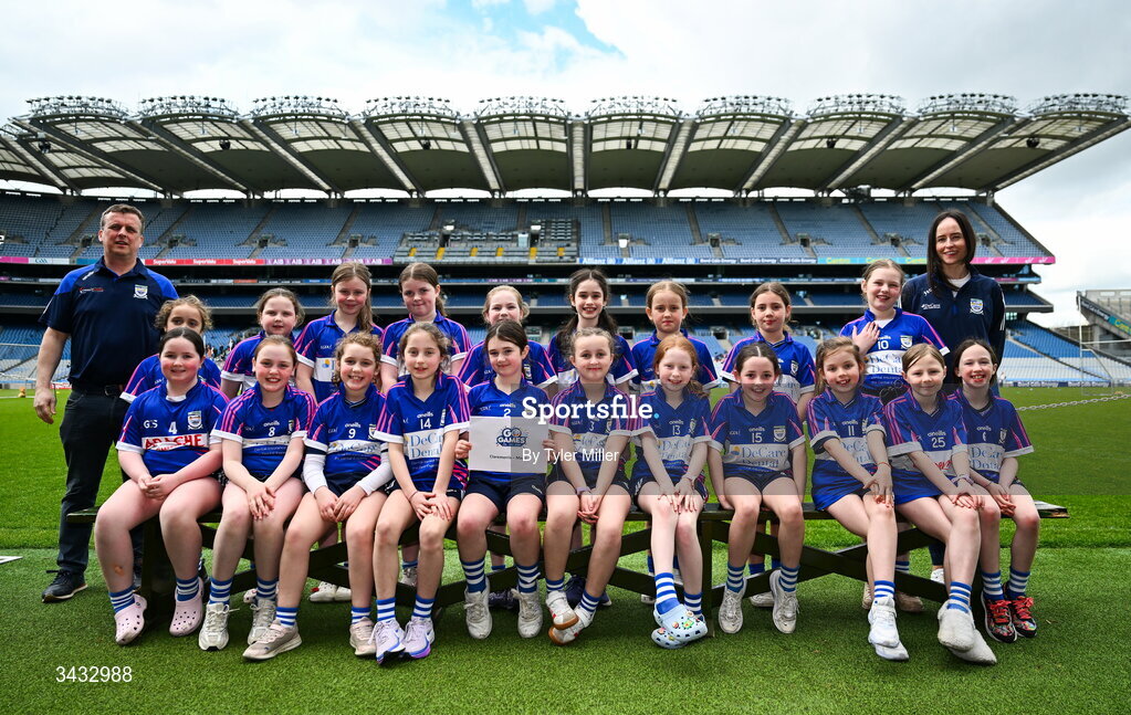 19 April 2026; The Claremorris, Mayo, team during the 2026 LGFA Under 10 Go Games Festival Day at Croke Park in Dublin. Photo by Tyler Miller/Sportsfile