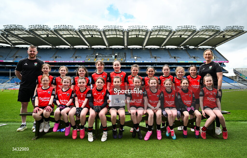 19 April 2026; The Aghaloo, Tyrone, team during the 2026 LGFA Under 10 Go Games Festival Day at Croke Park in Dublin. Photo by Tyler Miller/Sportsfile