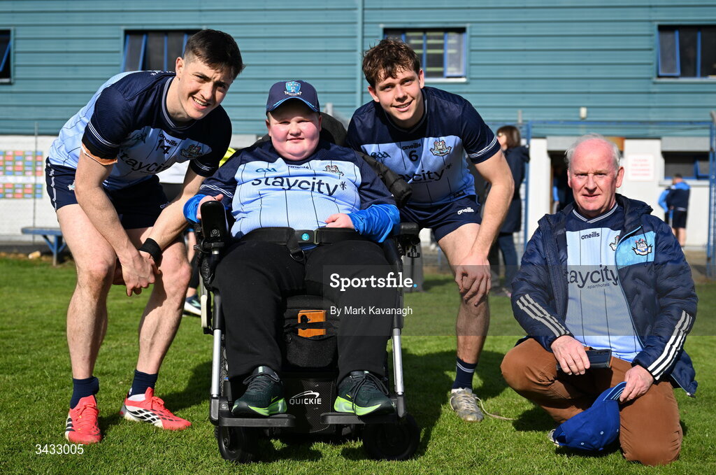 19 April 2026; Dublin players Killian McGinnis, left, and Charlie McMorrow with supporters after the Leinster GAA Football Senior Championship quarter-final match between Wicklow and Dublin at Echelon Park in Aughrim in Wicklow. Photo by Mark Kavanagh/Sportsfile