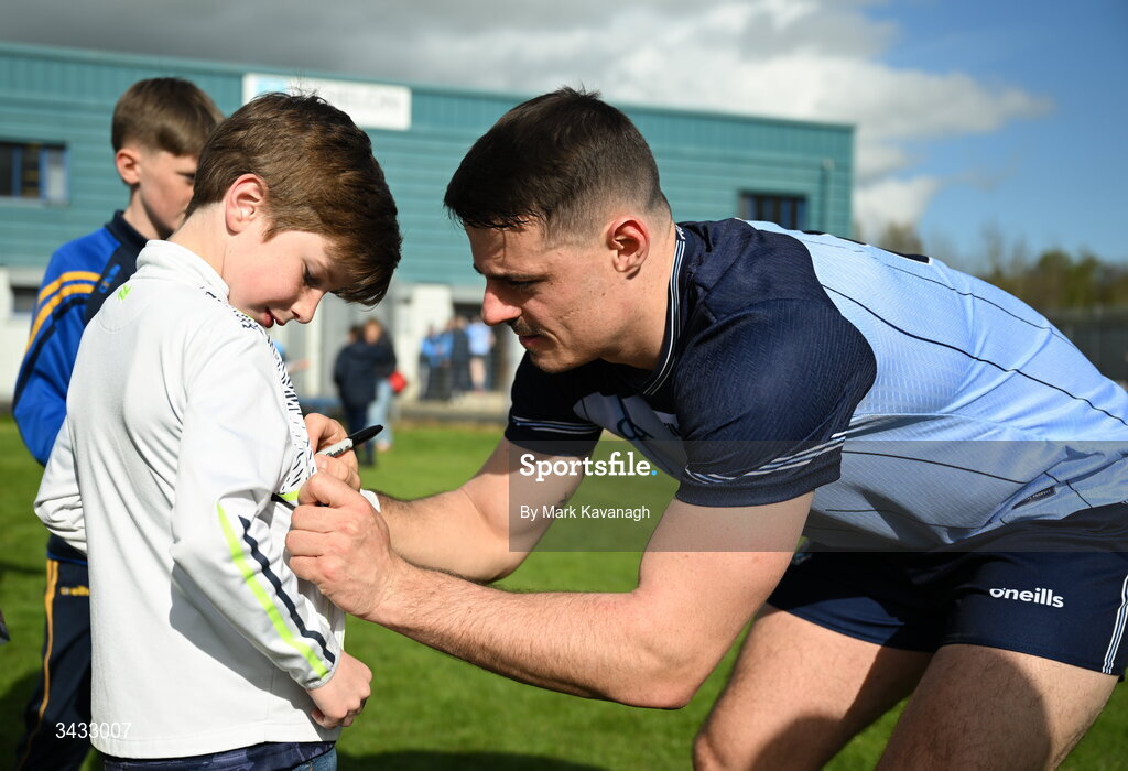 19 April 2026; Brian Howard of Dublin signs a supporter's jersey after the Leinster GAA Football Senior Championship quarter-final match between Wicklow and Dublin at Echelon Park in Aughrim in Wicklow. Photo by Mark Kavanagh/Sportsfile