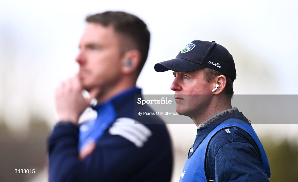 19 April 2026; Laois manager Justin McNulty and Laois selector Ross Munnelly, left, during the Leinster GAA Football Senior Championship quarter-final match between Kildare and Laois at Cedral St Conleths Park in Newbridge, Kildare. Photo by Piaras Ó Mídheach/Sportsfile
