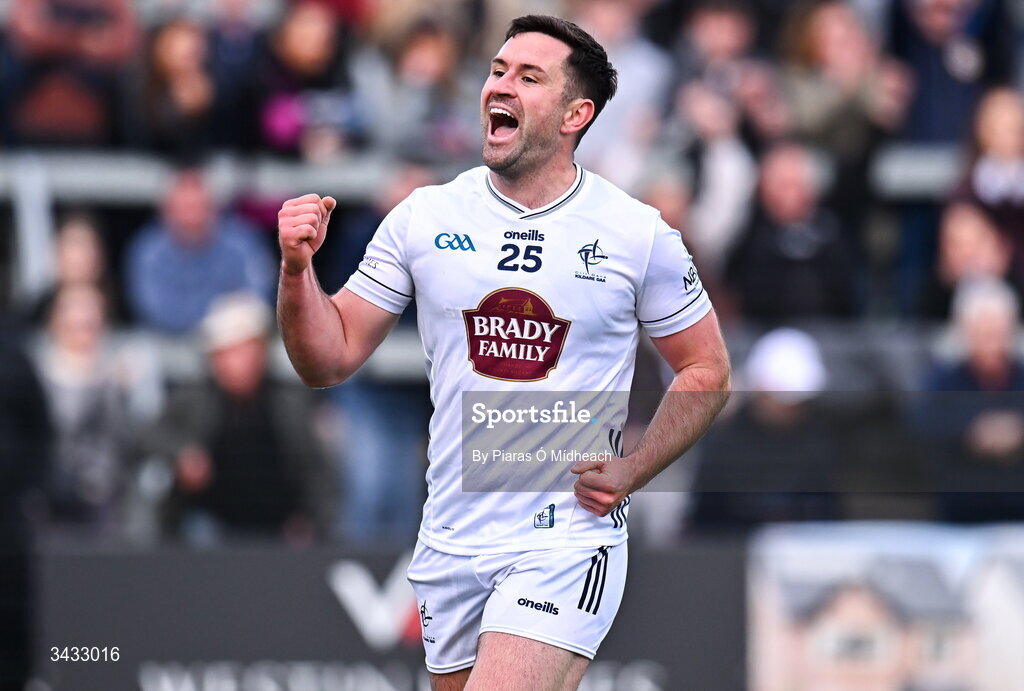 19 April 2026; Ben McCormack of Kildare celebrates his side's second goal, scored by team-mate Darragh Kirwan, during the Leinster GAA Football Senior Championship quarter-final match between Kildare and Laois at Cedral St Conleths Park in Newbridge, Kildare. Photo by Piaras Ó Mídheach/Sportsfile