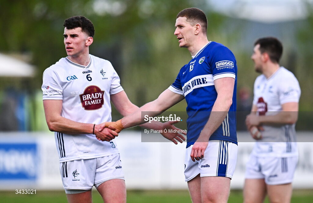 19 April 2026; Eoin Lawlor of Kildare and Evan O'Carroll of Laois shake hands after the Leinster GAA Football Senior Championship quarter-final match between Kildare and Laois at Cedral St Conleths Park in Newbridge, Kildare. Photo by Piaras Ó Mídheach/Sportsfile