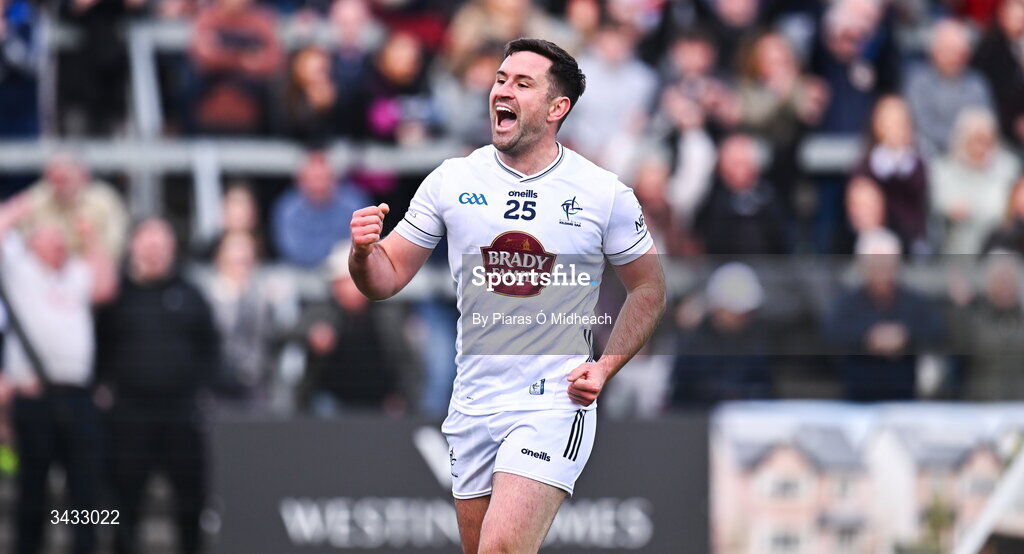 19 April 2026; Ben McCormack of Kildare celebrates his side's second goal, scored by team-mate Darragh Kirwan, during the Leinster GAA Football Senior Championship quarter-final match between Kildare and Laois at Cedral St Conleths Park in Newbridge, Kildare. Photo by Piaras Ó Mídheach/Sportsfile