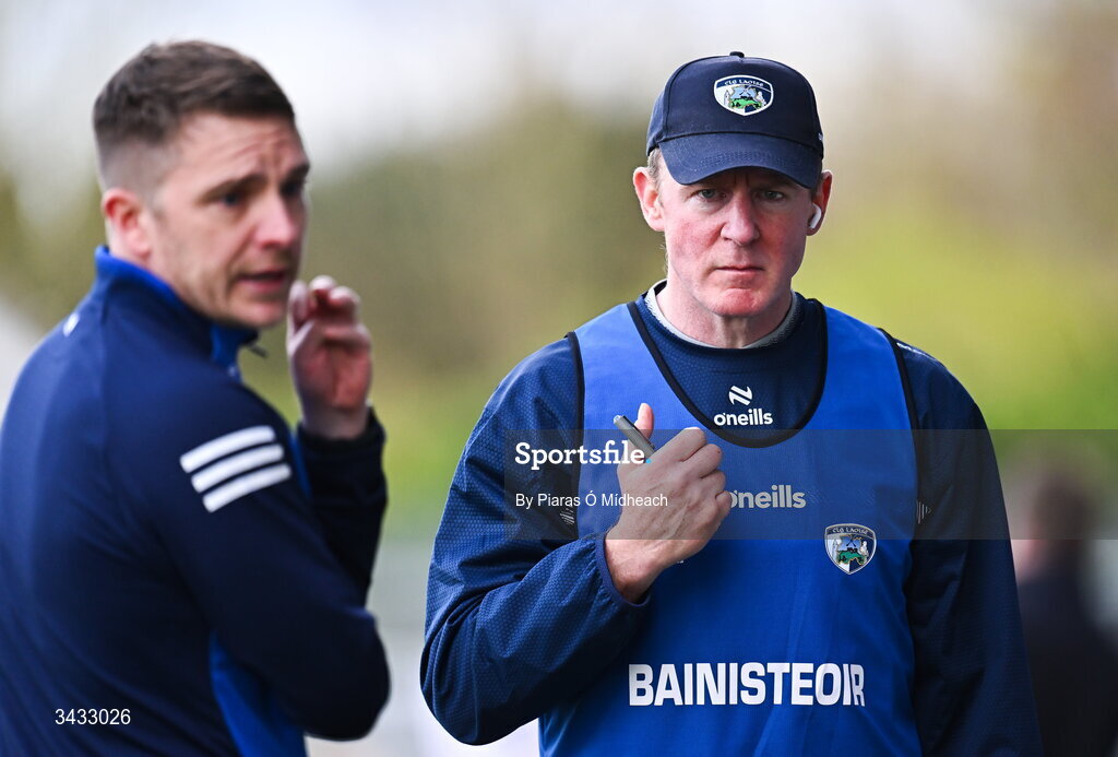 19 April 2026; Laois manager Justin McNulty and Laois selector Ross Munnelly, left, during the Leinster GAA Football Senior Championship quarter-final match between Kildare and Laois at Cedral St Conleths Park in Newbridge, Kildare. Photo by Piaras Ó Mídheach/Sportsfile