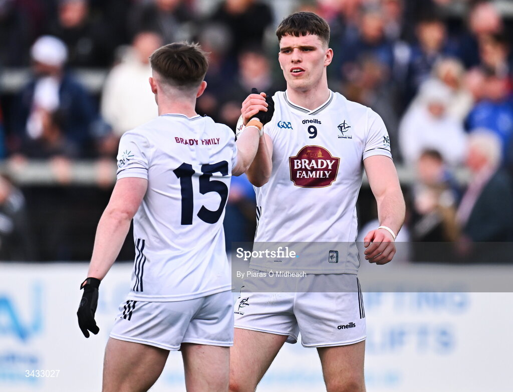 19 April 2026; Kildare players Brendan Gibbons, right, and Eoin Culy after their side's victory in the Leinster GAA Football Senior Championship quarter-final match between Kildare and Laois at Cedral St Conleths Park in Newbridge, Kildare. Photo by Piaras Ó Mídheach/Sportsfile