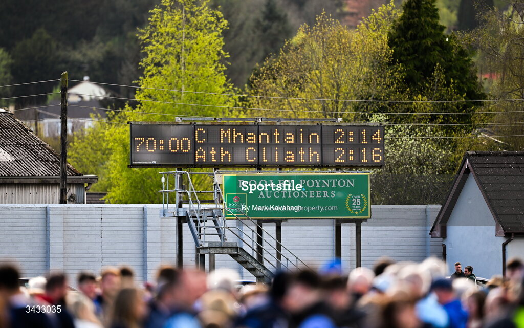 19 April 2026; A view of the scoreboard afterthe Leinster GAA Football Senior Championship quarter-final match between Wicklow and Dublin at Echelon Park in Aughrim in Wicklow. Photo by Mark Kavanagh/Sportsfile