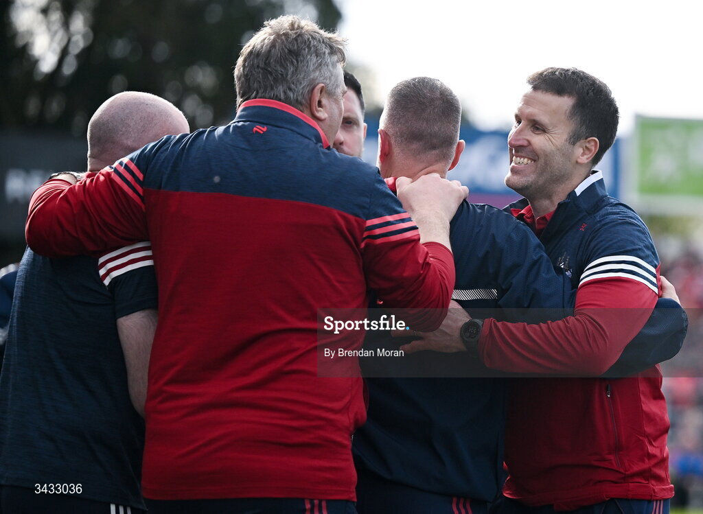 19 April 2026; Cork manager Ben O'Connor celebrates with his backroom staff after the Munster GAA Senior Hurling Championship Round 1 match between Tipperary and Cork at FBD Semple Stadium in Thurles, Tipperary. Photo by Brendan Moran/Sportsfile