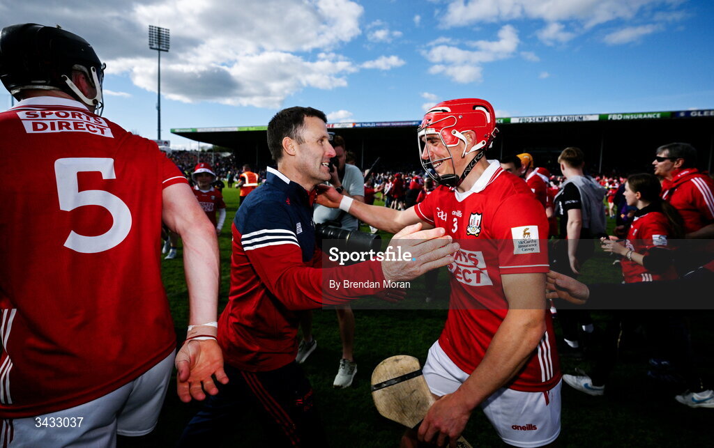 19 April 2026; Ciarán Joyce of Cork is congratulated by manager Ben O'Connor after the Munster GAA Senior Hurling Championship Round 1 match between Tipperary and Cork at FBD Semple Stadium in Thurles, Tipperary. Photo by Brendan Moran/Sportsfile