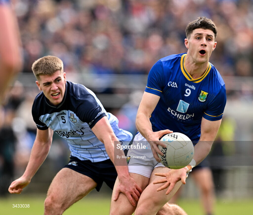 19 April 2026; Jack Kirwan of Wicklow in action against Greg McEneaney of Dublin during the Leinster GAA Football Senior Championship quarter-final match between Wicklow and Dublin at Echelon Park in Aughrim in Wicklow. Photo by Mark Kavanagh/Sportsfile