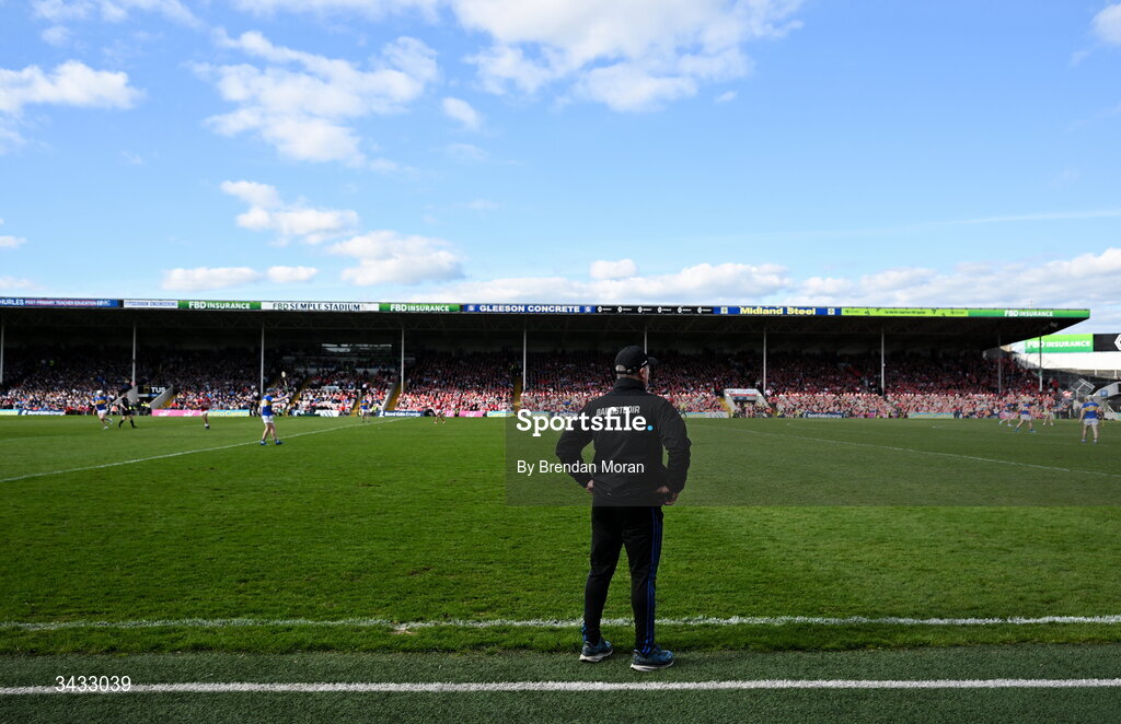 19 April 2026; Tipperary manager Liam Cahill watches the closing moments of the Munster GAA Senior Hurling Championship Round 1 match between Tipperary and Cork at FBD Semple Stadium in Thurles, Tipperary. Photo by Brendan Moran/Sportsfile