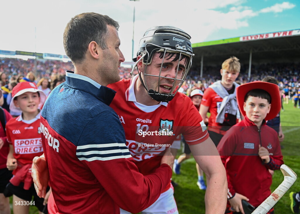 19 April 2026; Cork manager Ben O'Connor celebrates with Darragh Fitzgibbon after the Munster GAA Senior Hurling Championship Round 1 match between Tipperary and Cork at FBD Semple Stadium in Thurles, Tipperary. Photo by Daire Brennan/Sportsfile